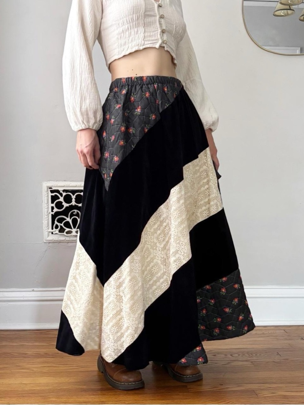 70s Chessa Davis Bohemian Black & Cream Patchwork Maxi Skirt